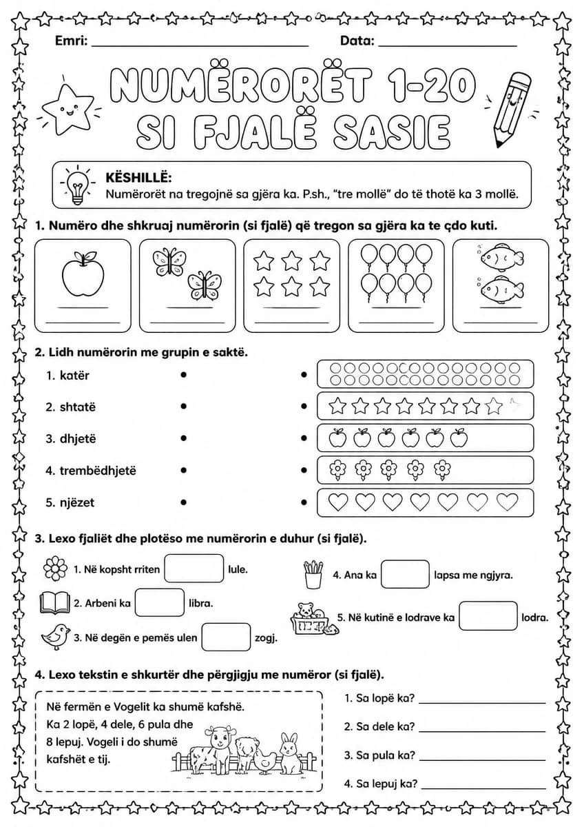 Numërorët 1–20 si fjalë sasie