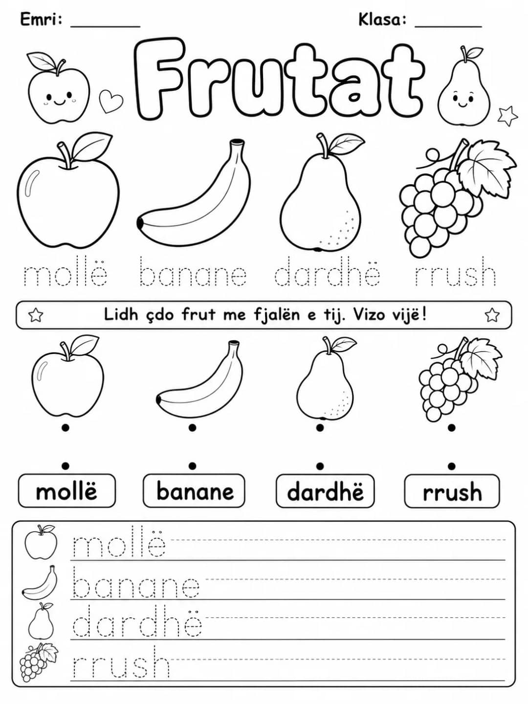 Fruta dhe perime - Pako fletësh pune - 10 faqe të shtypshme për gjuhë shqipe dhe drejtshkrim nga KiwiBee
