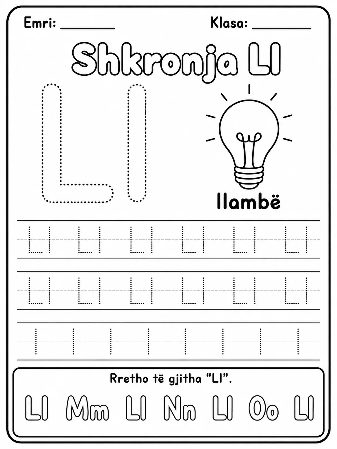 Shkronjat Ll-Q - Pako fletësh pune - 10 faqe të shtypshme për gjuhë shqipe dhe drejtshkrim nga KiwiBee