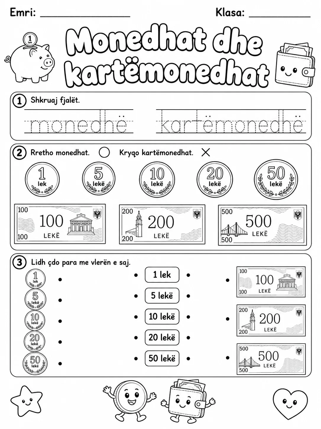 Monedhat dhe kartëmonedhat - Pako fletësh pune