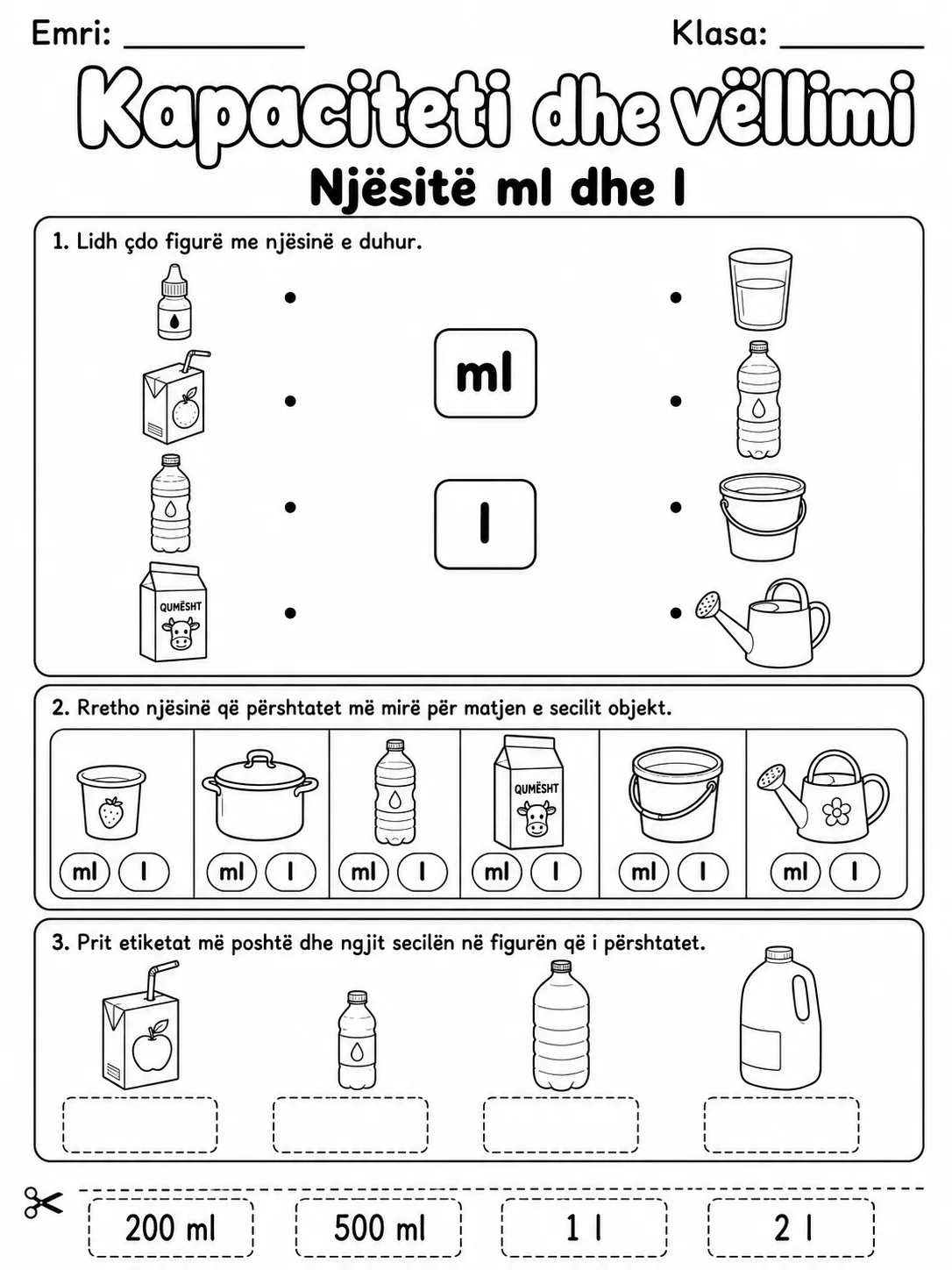 Njësitë ml dhe l - Pako fletësh pune faqja 2 - pamje e fletës së punës