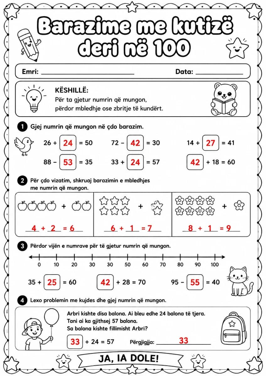 Answer key for Barazime me kutizë deri në 100 — free printable Math worksheet