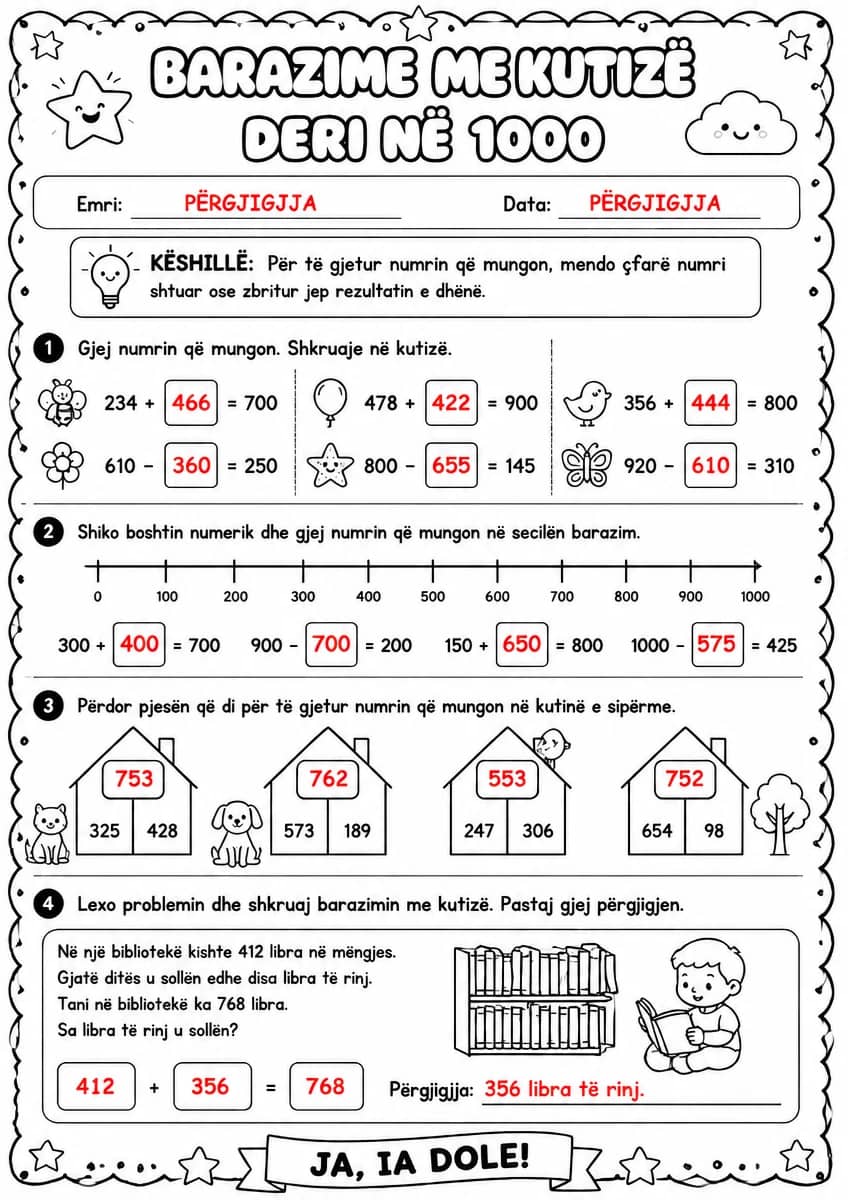 Answer key for Barazime me kutizë deri në 1000 — free printable Math worksheet