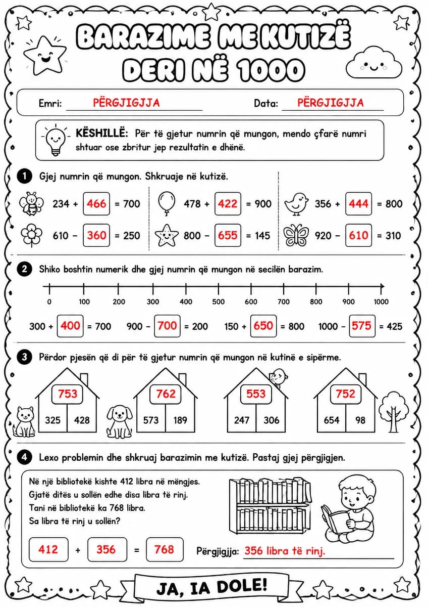 Answer key for Barazime me kutizë deri në 1000 — free printable Math worksheet