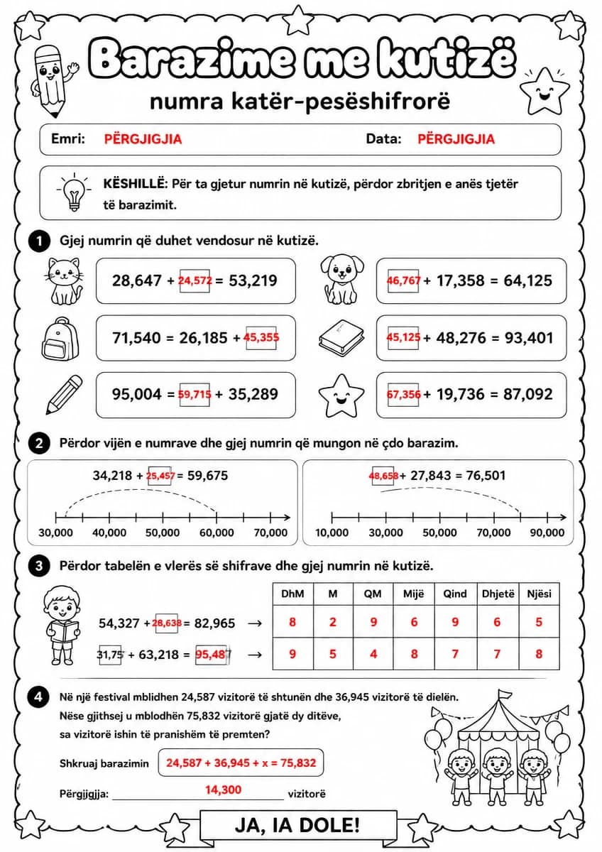Answer key for Barazime me kutizë — numra katër-pesëshifrorë — free printable Math worksheet