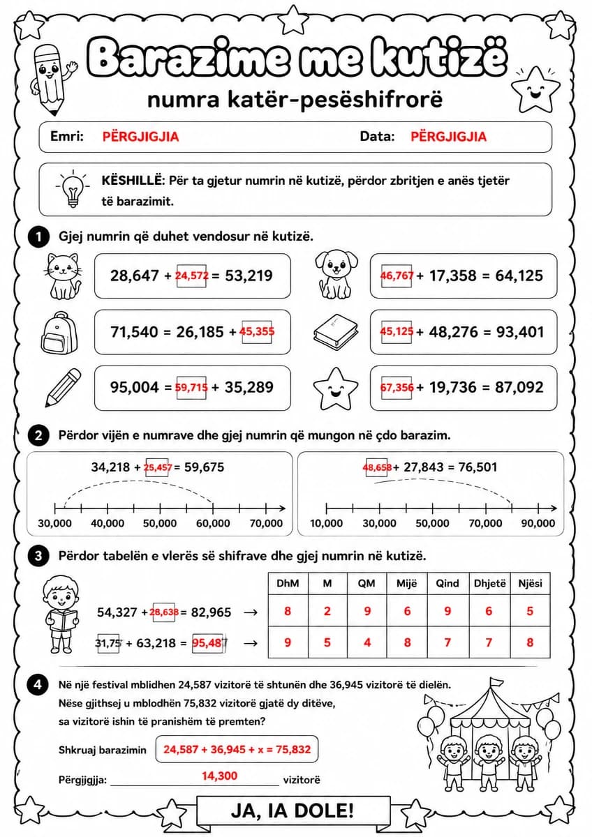 Answer key for Barazime me kutizë — numra katër-pesëshifrorë — free printable Math worksheet