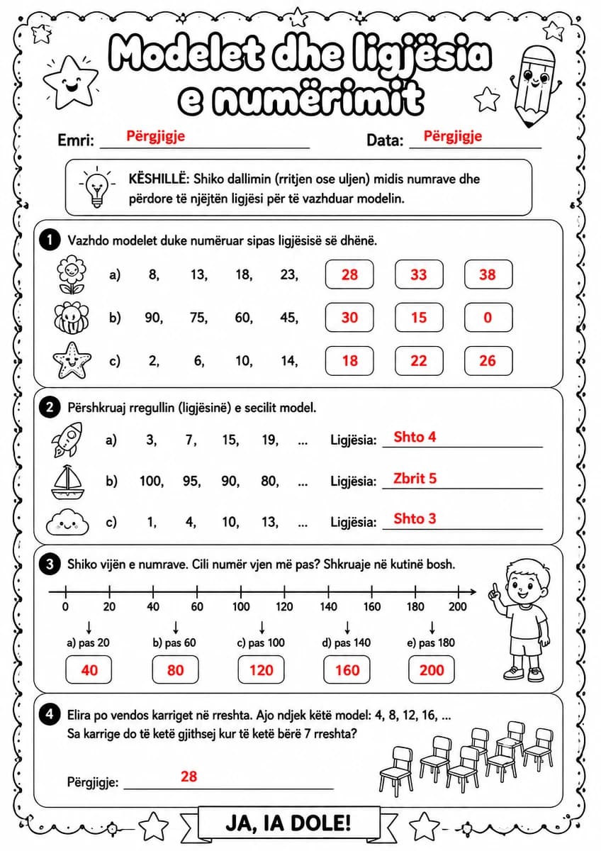 Answer key for Modelet dhe ligjësia e numërimit — free printable Math worksheet