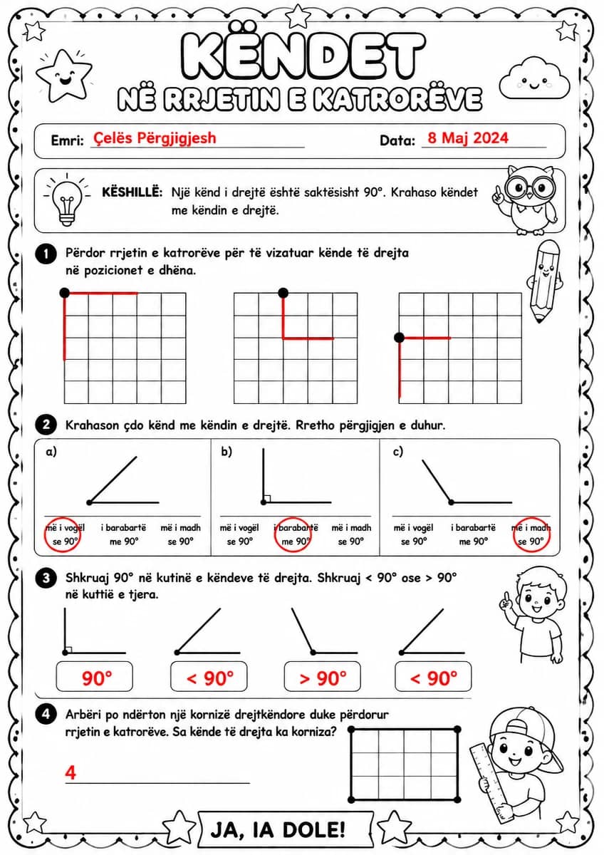 Answer key for Këndet në rrjetin e katrorëve — free printable Math worksheet