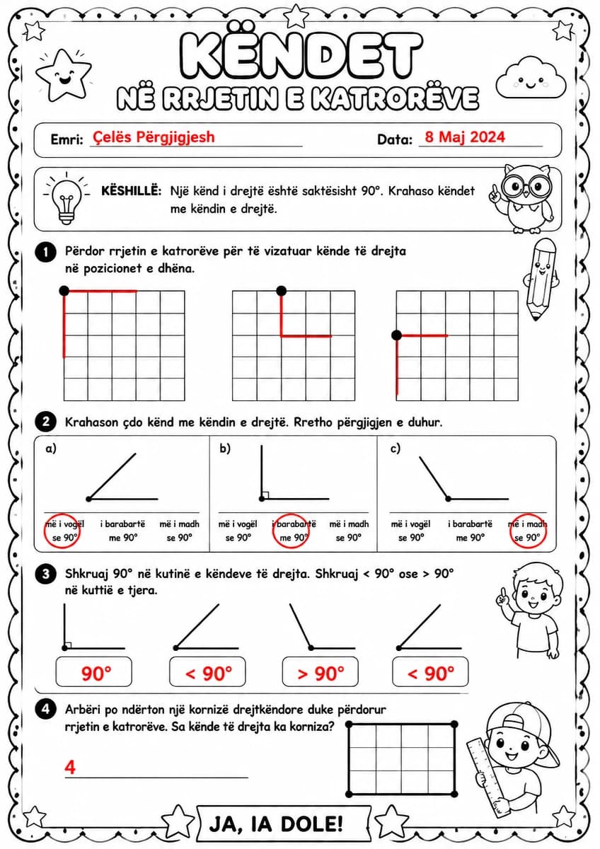 Answer key for Këndet në rrjetin e katrorëve — free printable Math worksheet
