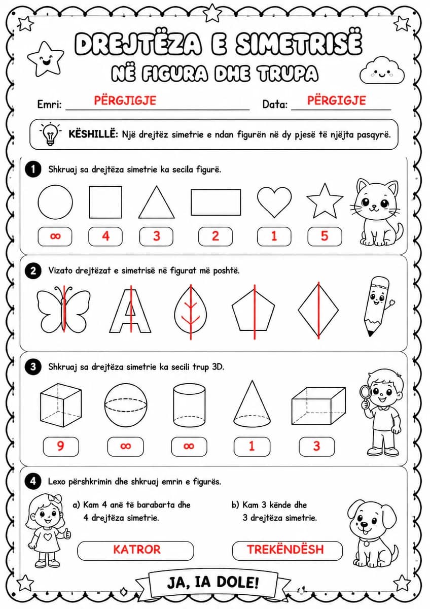 Answer key for Drejtëza e simetrisë në figura dhe trupa — free printable Math worksheet