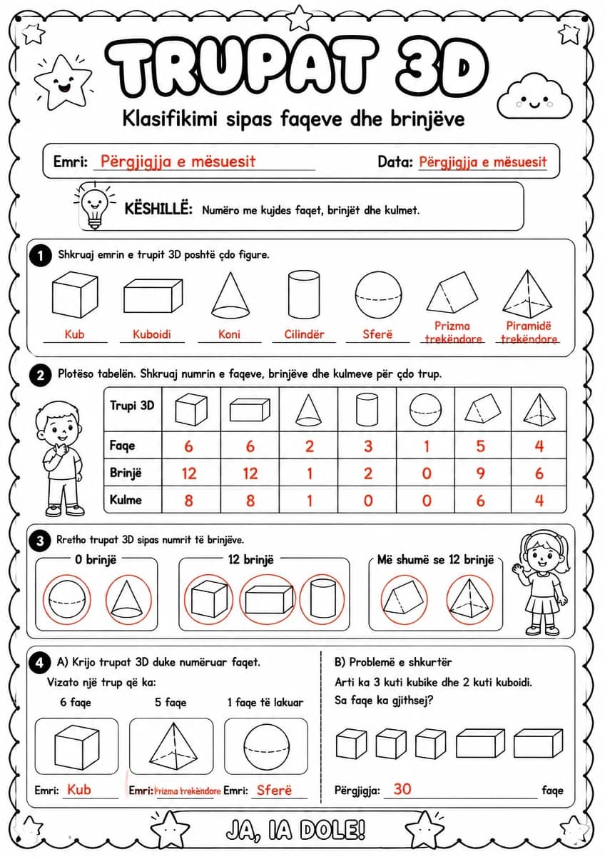 Answer key for Trupat 3D — klasifikimi sipas faqeve dhe brinjëve — free printable Math worksheet