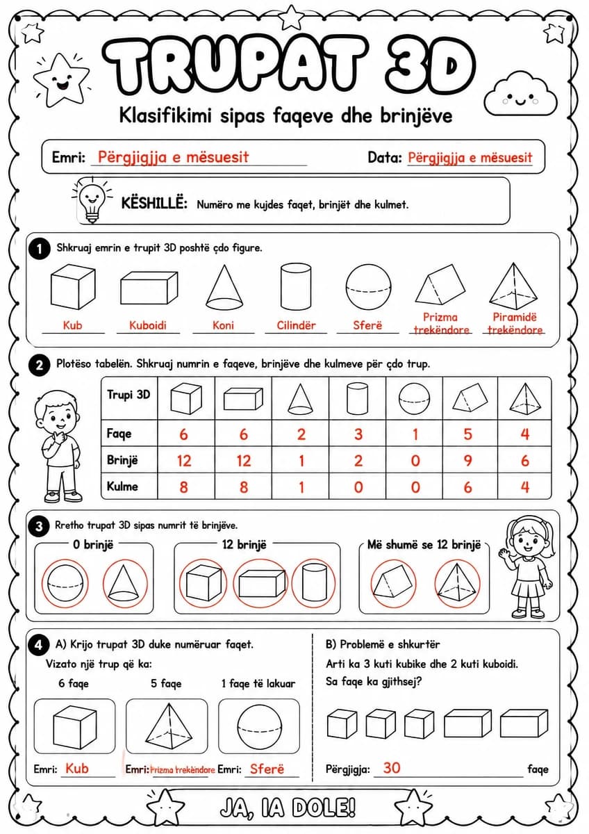 Answer key for Trupat 3D — klasifikimi sipas faqeve dhe brinjëve — free printable Math worksheet
