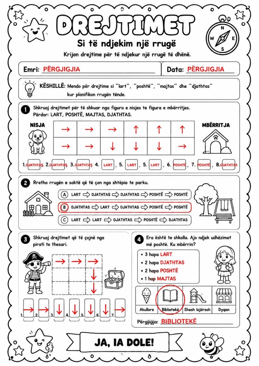 Answer key for Drejtimet — si të ndjekim një rrugë — free printable Math worksheet