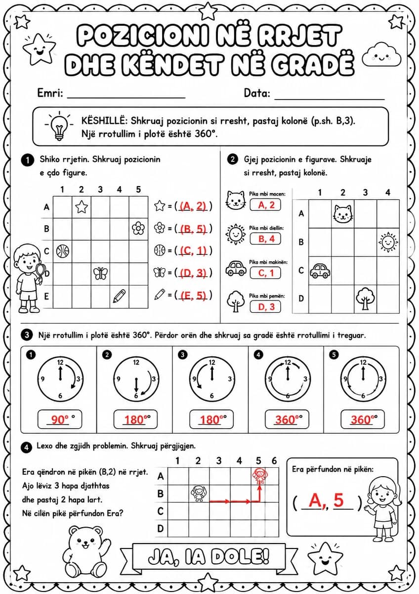 Answer key for Pozicioni në rrjet dhe këndet në gradë — free printable Math worksheet