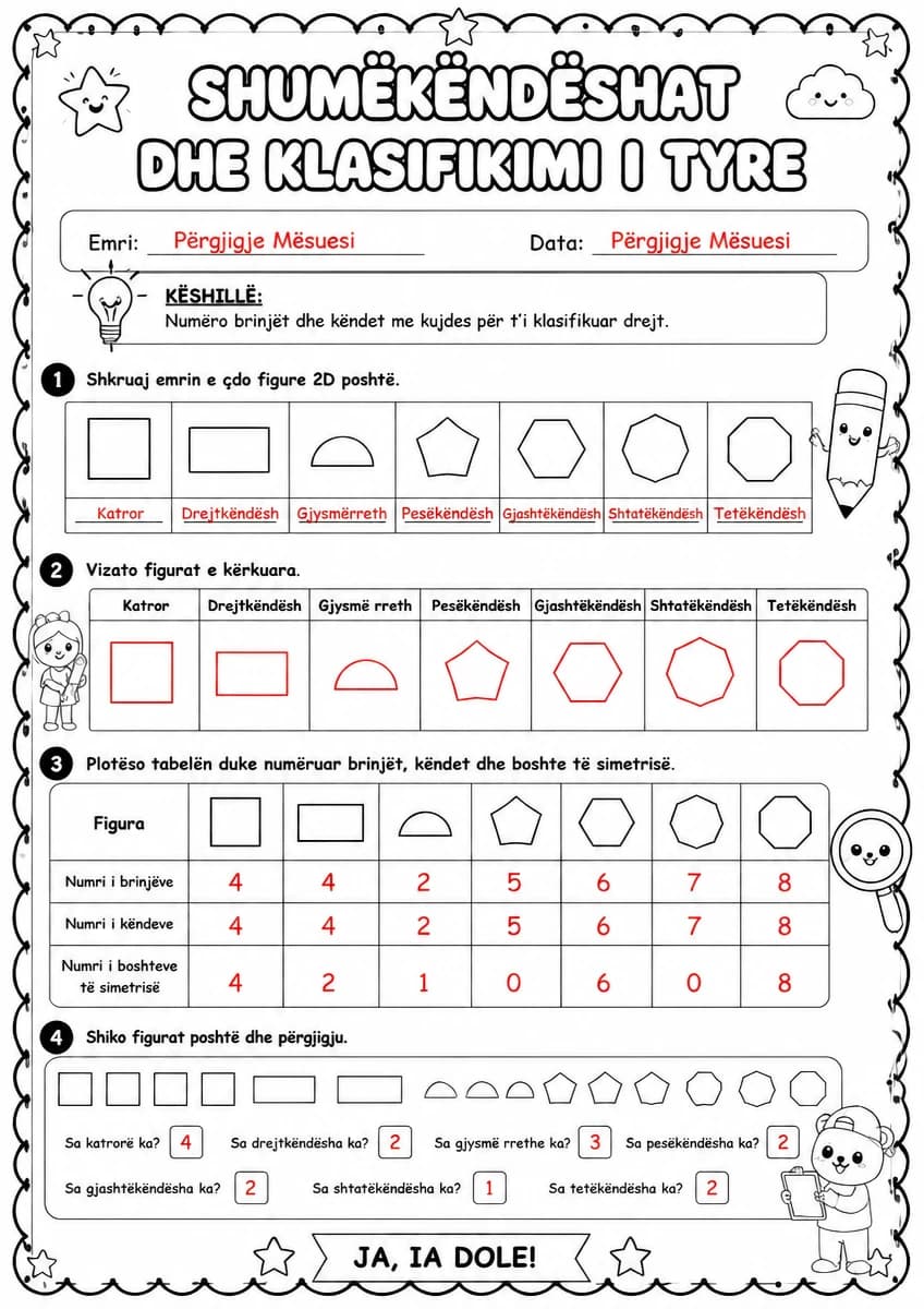 Answer key for Shumëkëndëshat dhe klasifikimi i tyre — free printable Math worksheet