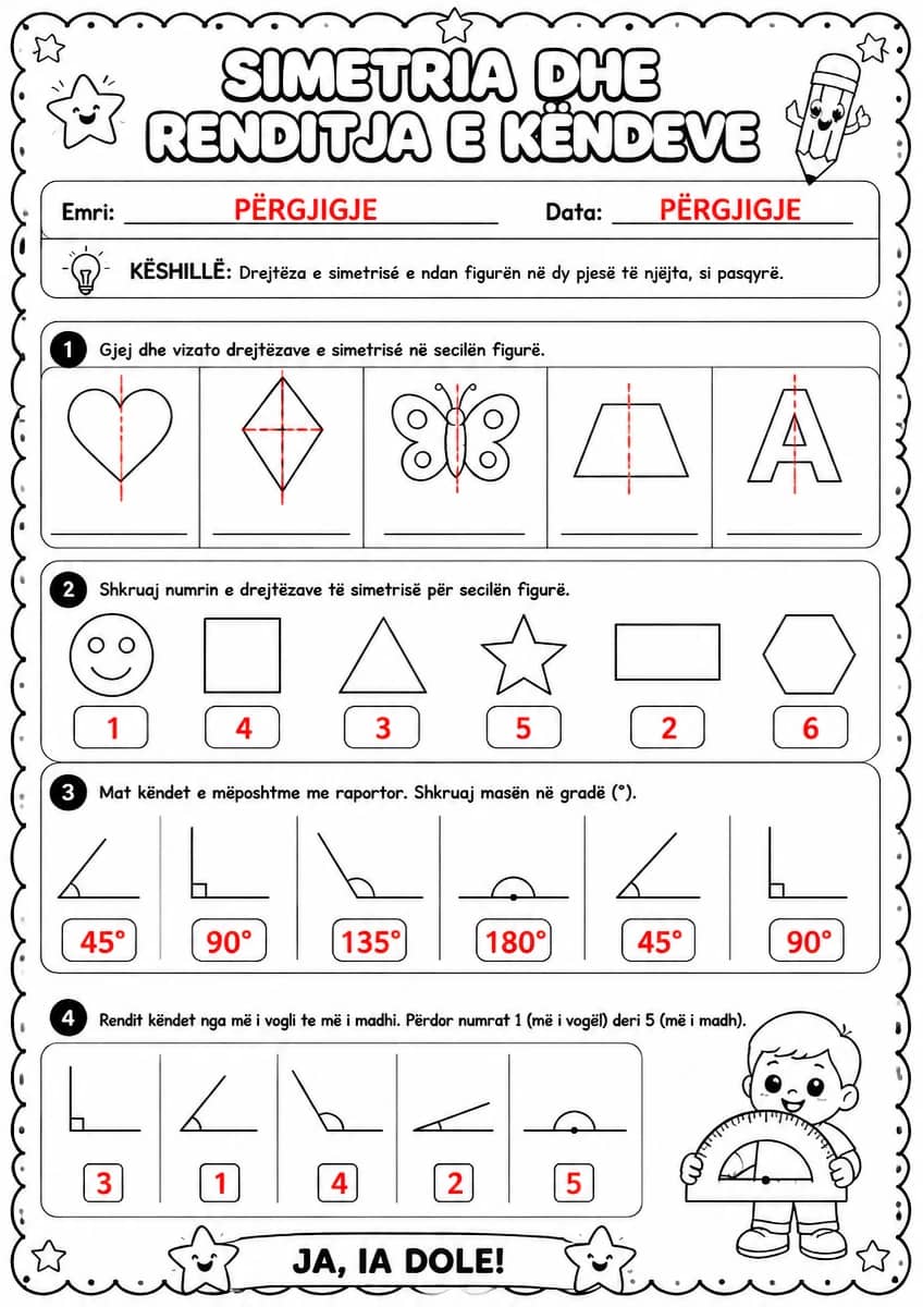 Answer key for Simetria dhe renditja e këndeve — free printable Math worksheet