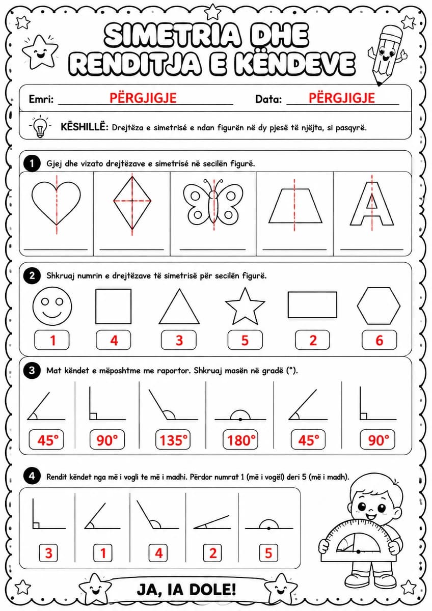 Answer key for Simetria dhe renditja e këndeve — free printable Math worksheet