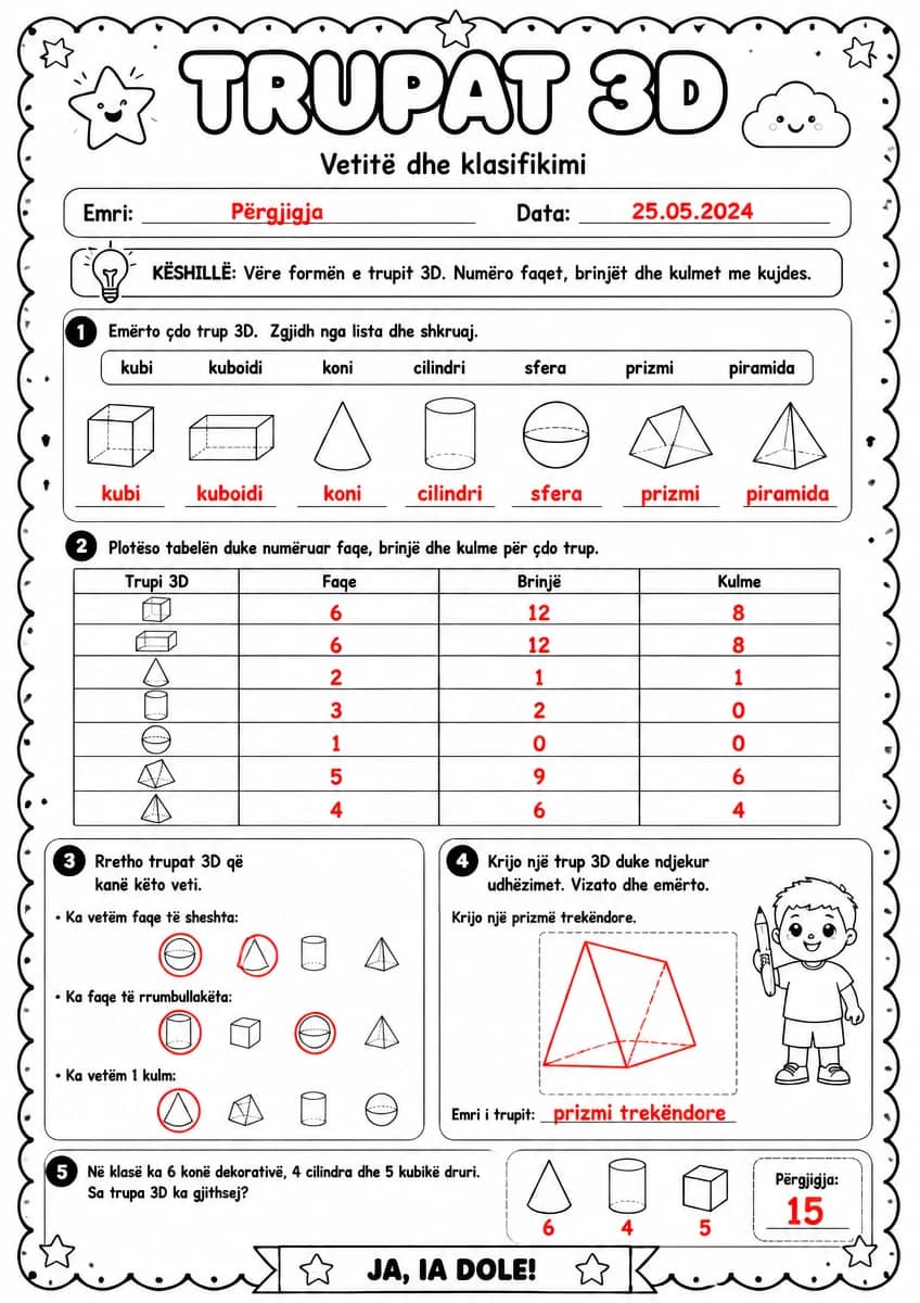 Answer key for Trupat 3D — vetitë dhe klasifikimi — free printable Math worksheet