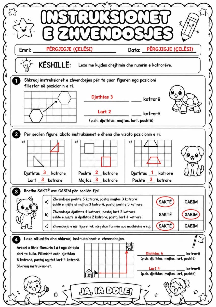Answer key for Instruksionet e zhvendosjes — shumëkëndëshi — free printable Math worksheet