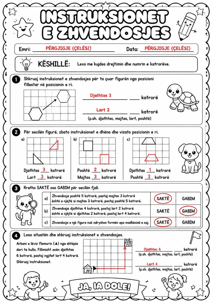 Answer key for Instruksionet e zhvendosjes — shumëkëndëshi — free printable Math worksheet