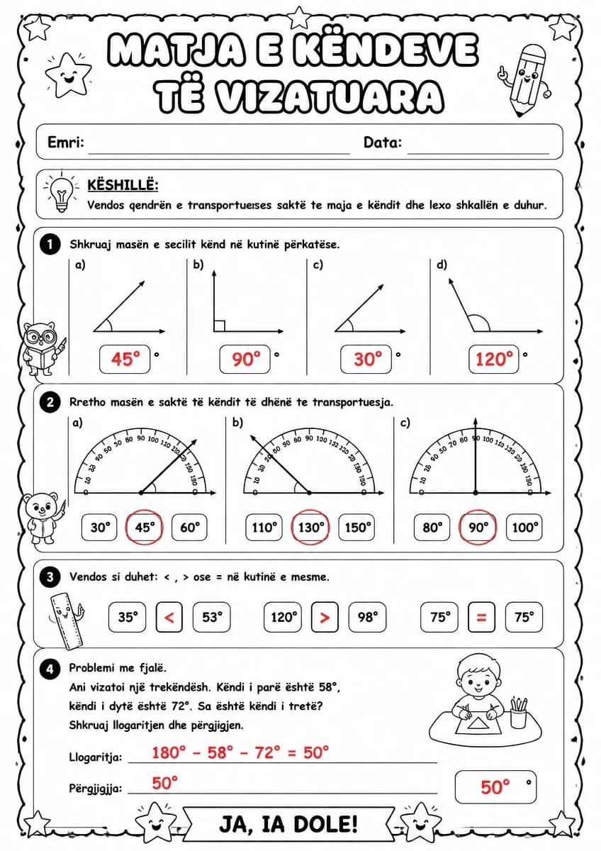 Answer key for Matja e këndeve të vizatuara — free printable Math worksheet