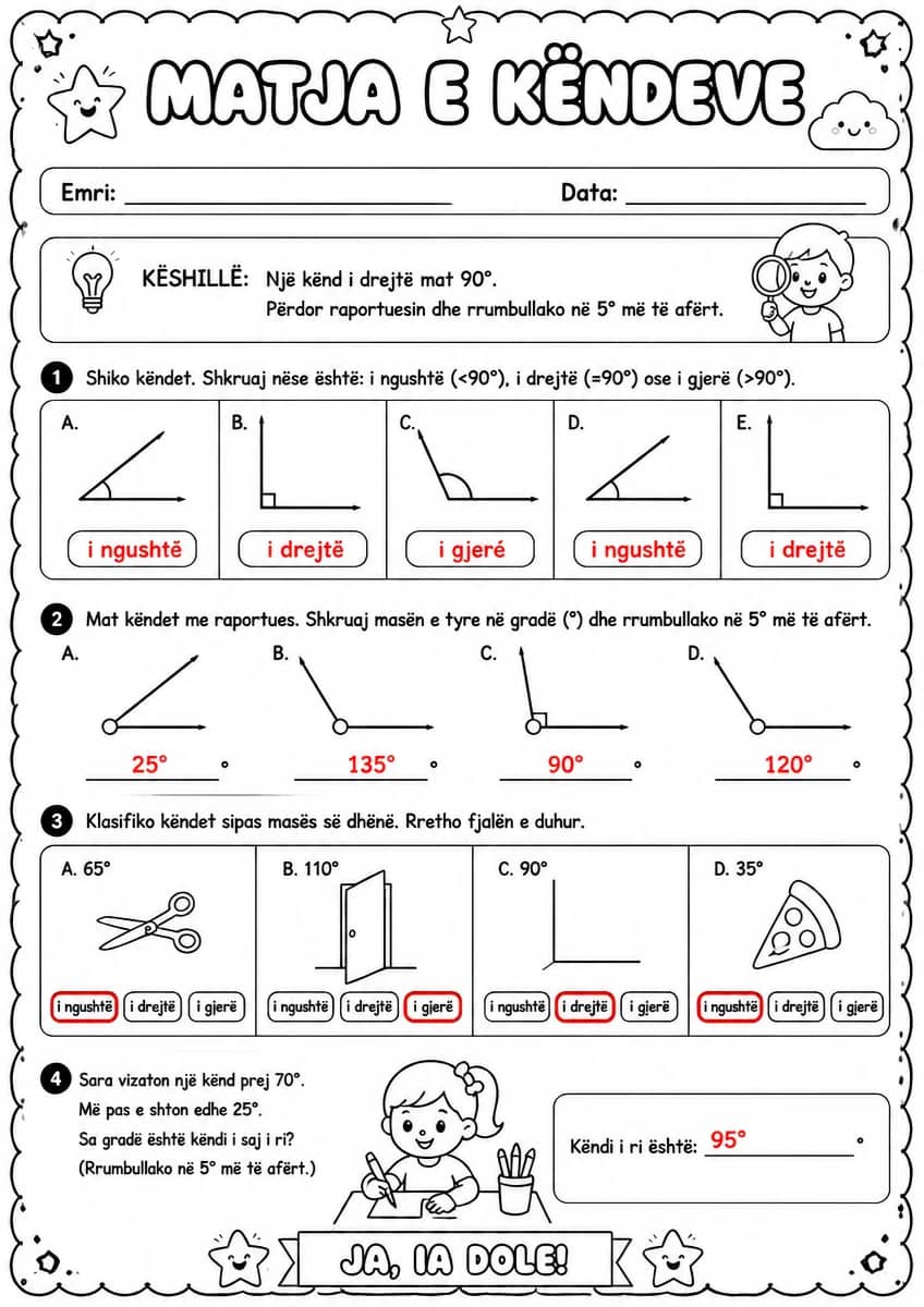 Answer key for Matja e këndeve — gradë, i drejtë, i gjerë, i ngushtë — free printable Math worksheet