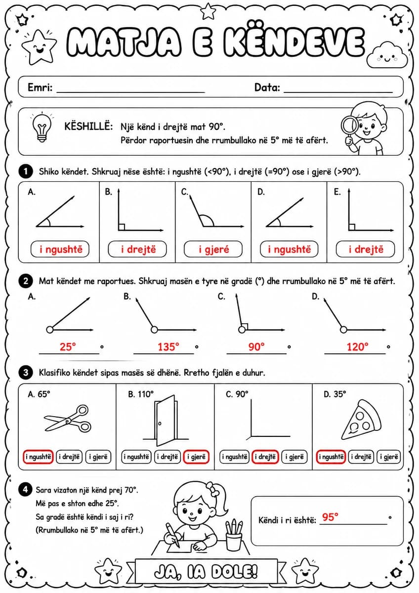 Answer key for Matja e këndeve — gradë, i drejtë, i gjerë, i ngushtë — free printable Math worksheet