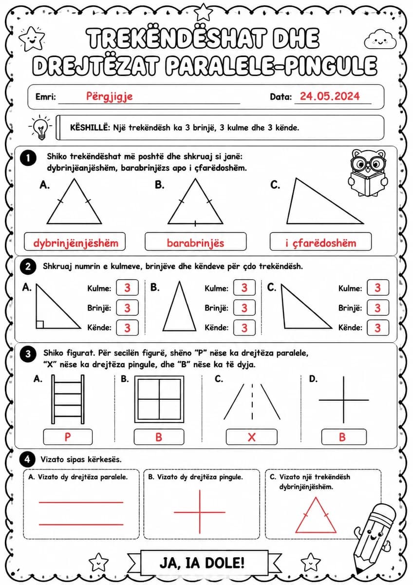 Answer key for Trekëndëshat dhe drejtëzat paralele-pingule — free printable Math worksheet