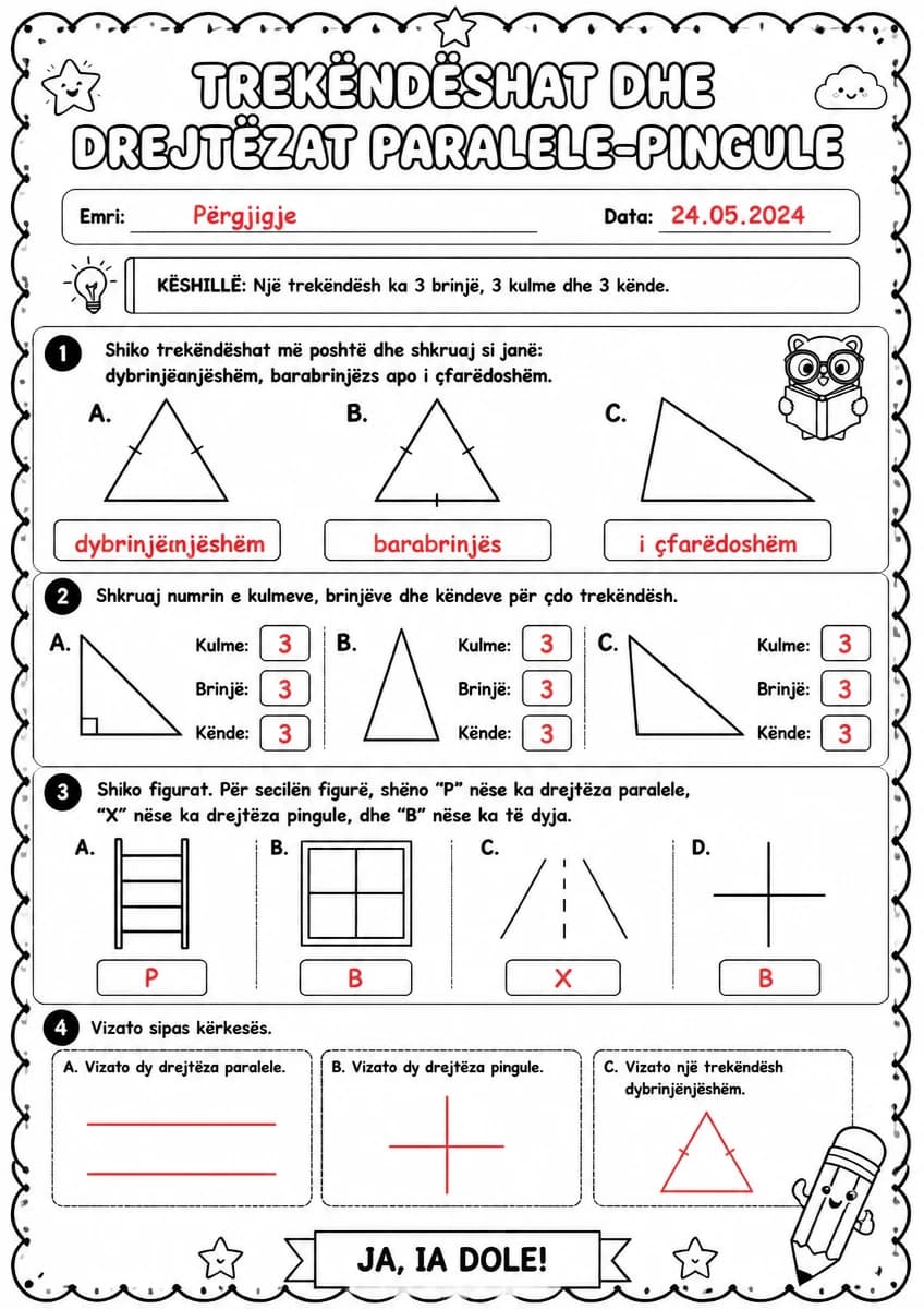 Answer key for Trekëndëshat dhe drejtëzat paralele-pingule — free printable Math worksheet