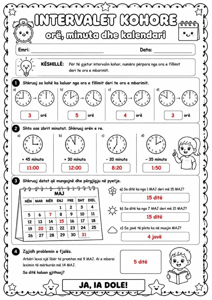 Answer key for Intervalet kohore — orë, minuta dhe kalendari — free printable Math worksheet