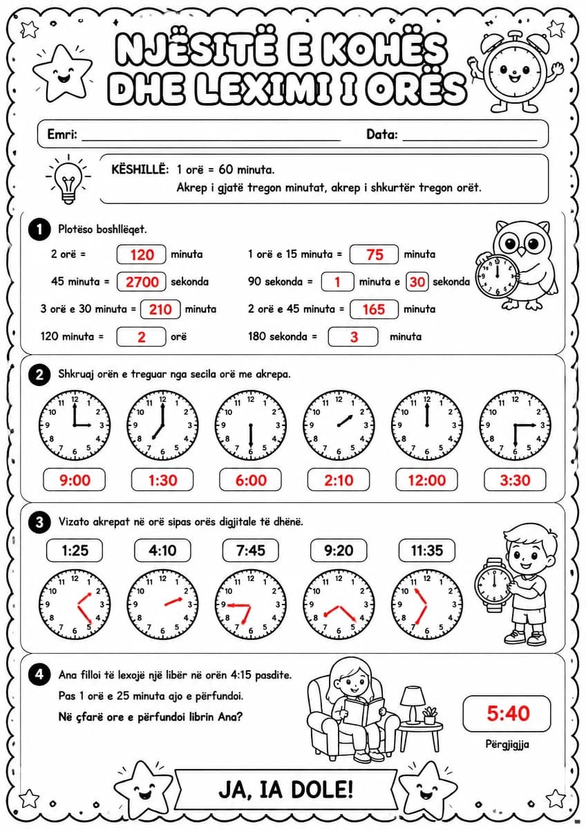 Answer key for Njësitë e kohës dhe leximi i orës — free printable Math worksheet