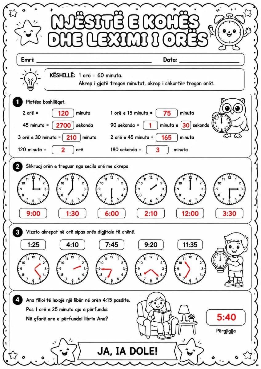 Answer key for Njësitë e kohës dhe leximi i orës — free printable Math worksheet