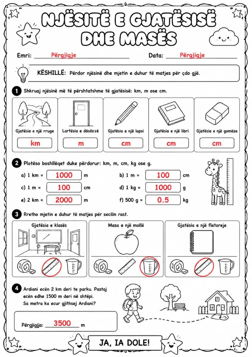 Answer key for Njësitë e gjatësisë dhe masës — lidhjet — free printable Math worksheet