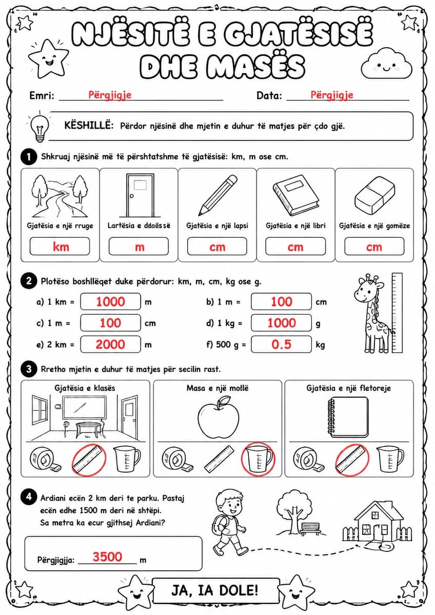 Answer key for Njësitë e gjatësisë dhe masës — lidhjet — free printable Math worksheet
