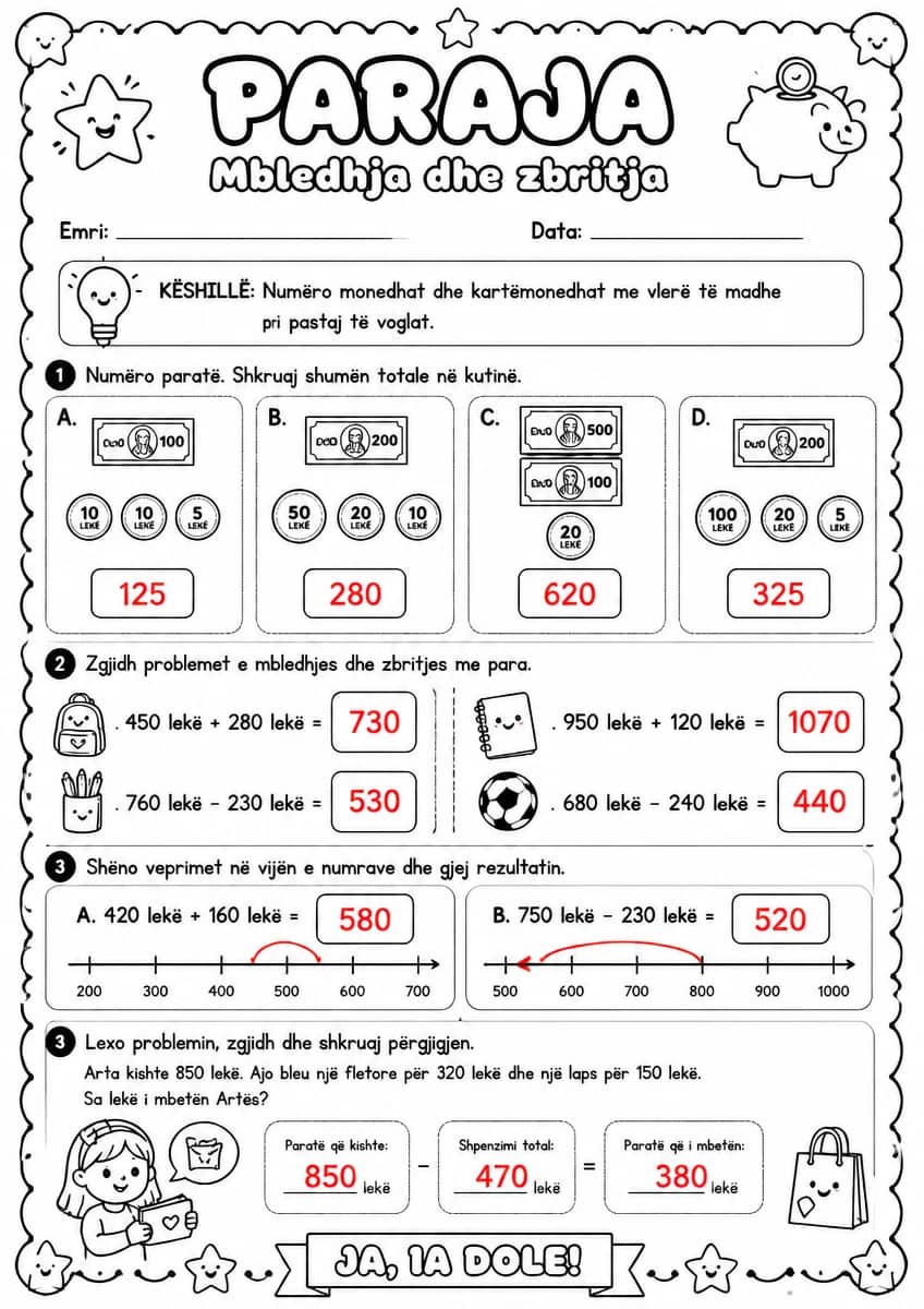 Answer key for Paraja — mbledhja dhe zbritja — free printable Math worksheet