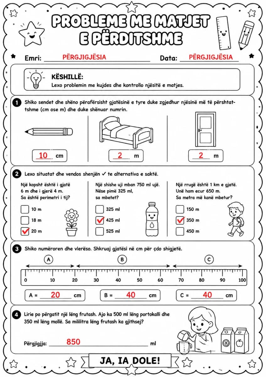 Answer key for Probleme me matjet e përditshme — free printable Math worksheet