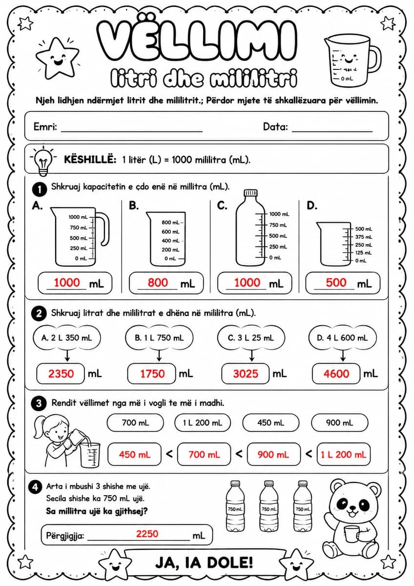 Answer key for Vëllimi — litri dhe mililitri — free printable Math worksheet