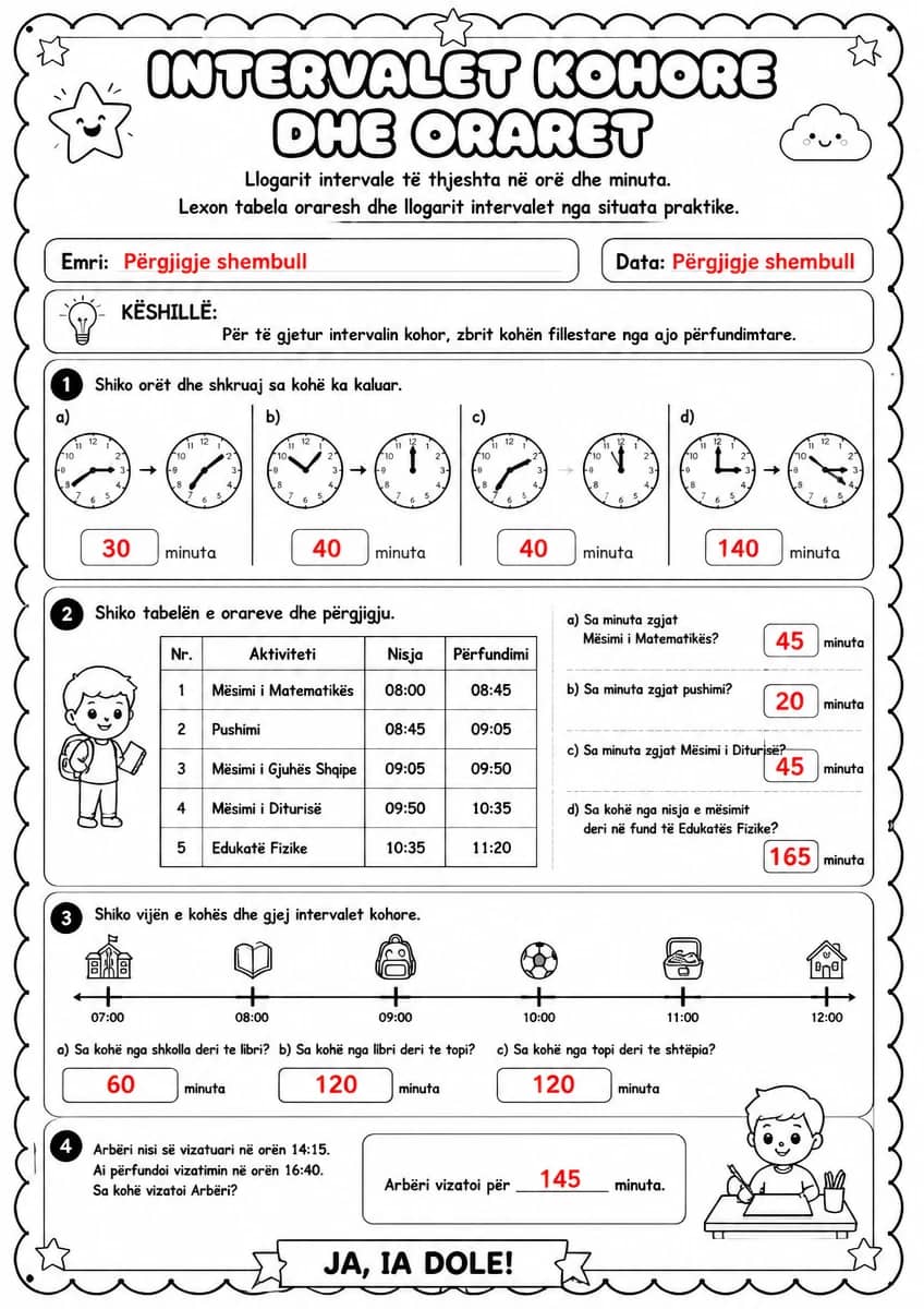 Answer key for Intervalet kohore dhe oraret — free printable Math worksheet