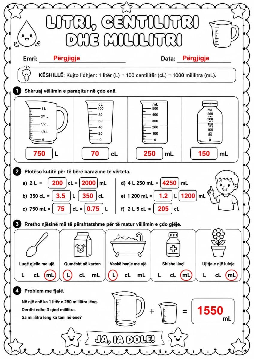 Answer key for Litri, centilitri dhe mililitri — matja — free printable Math worksheet