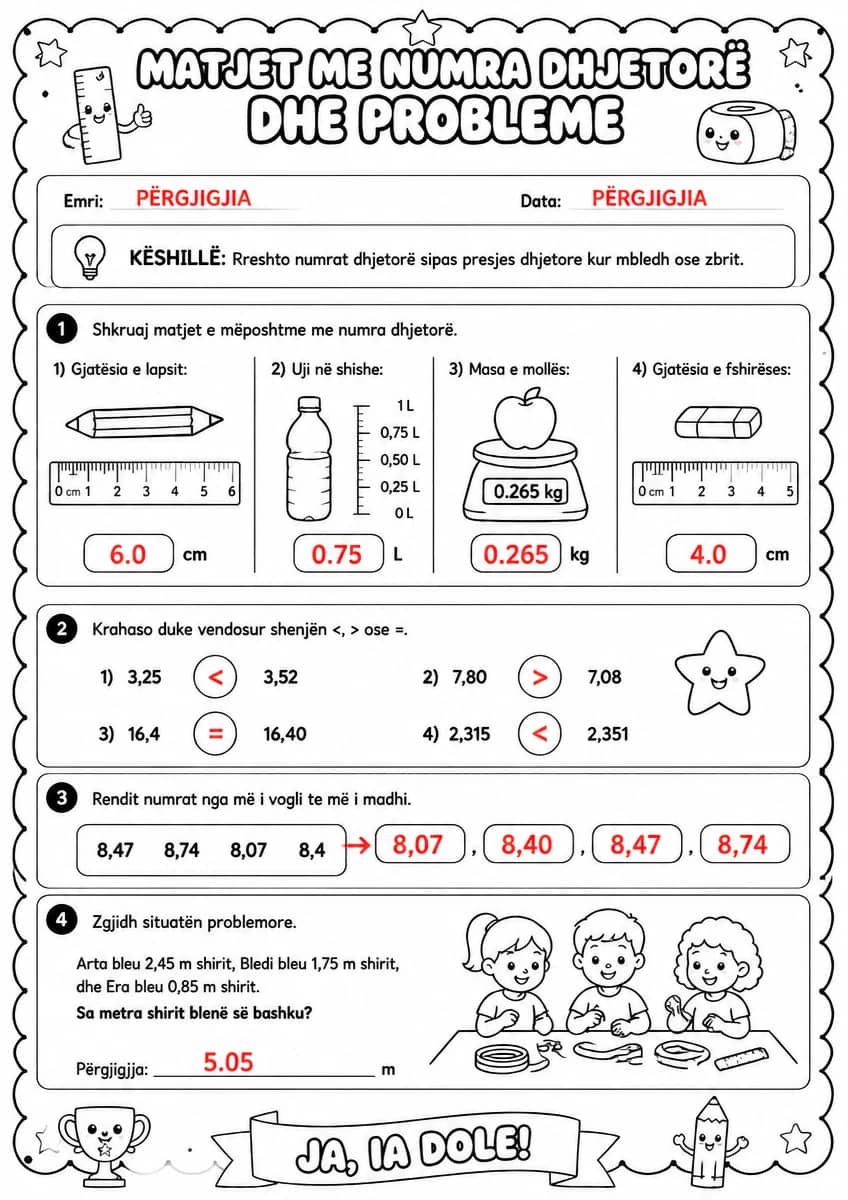 Answer key for Matjet me numra dhjetorë dhe probleme — free printable Math worksheet