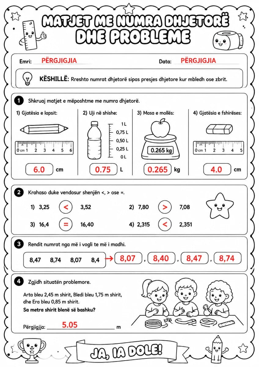 Answer key for Matjet me numra dhjetorë dhe probleme — free printable Math worksheet