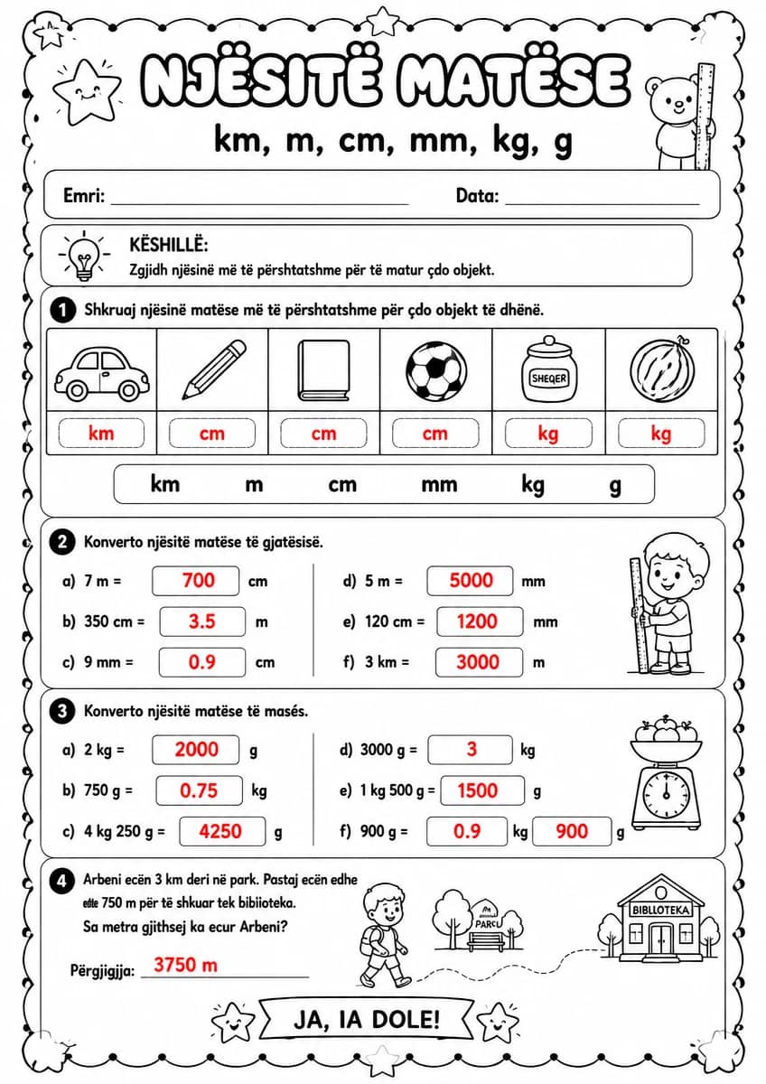 Answer key for Njësitë matëse — km, m, cm, mm, kg, g — free printable Math worksheet