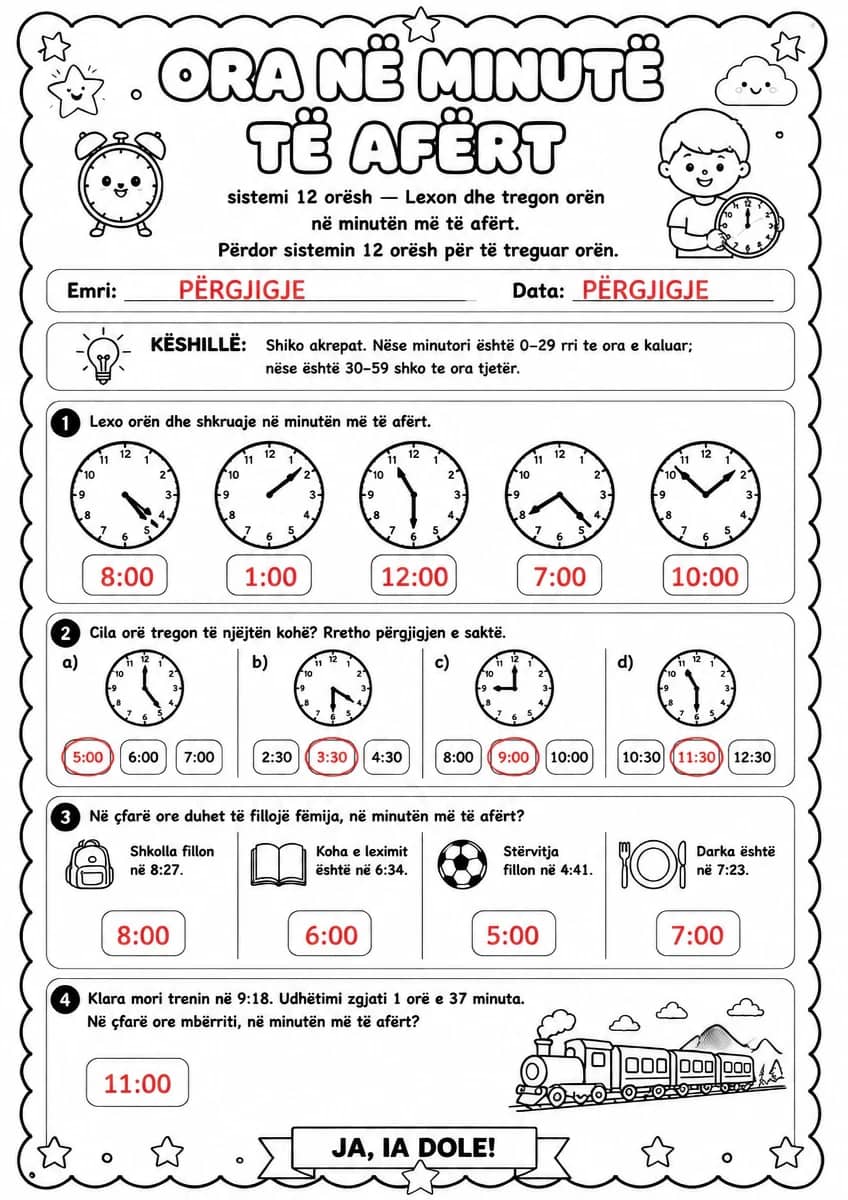 Answer key for Ora në minutë të afërt — sistemi 12 orësh — free printable Math worksheet