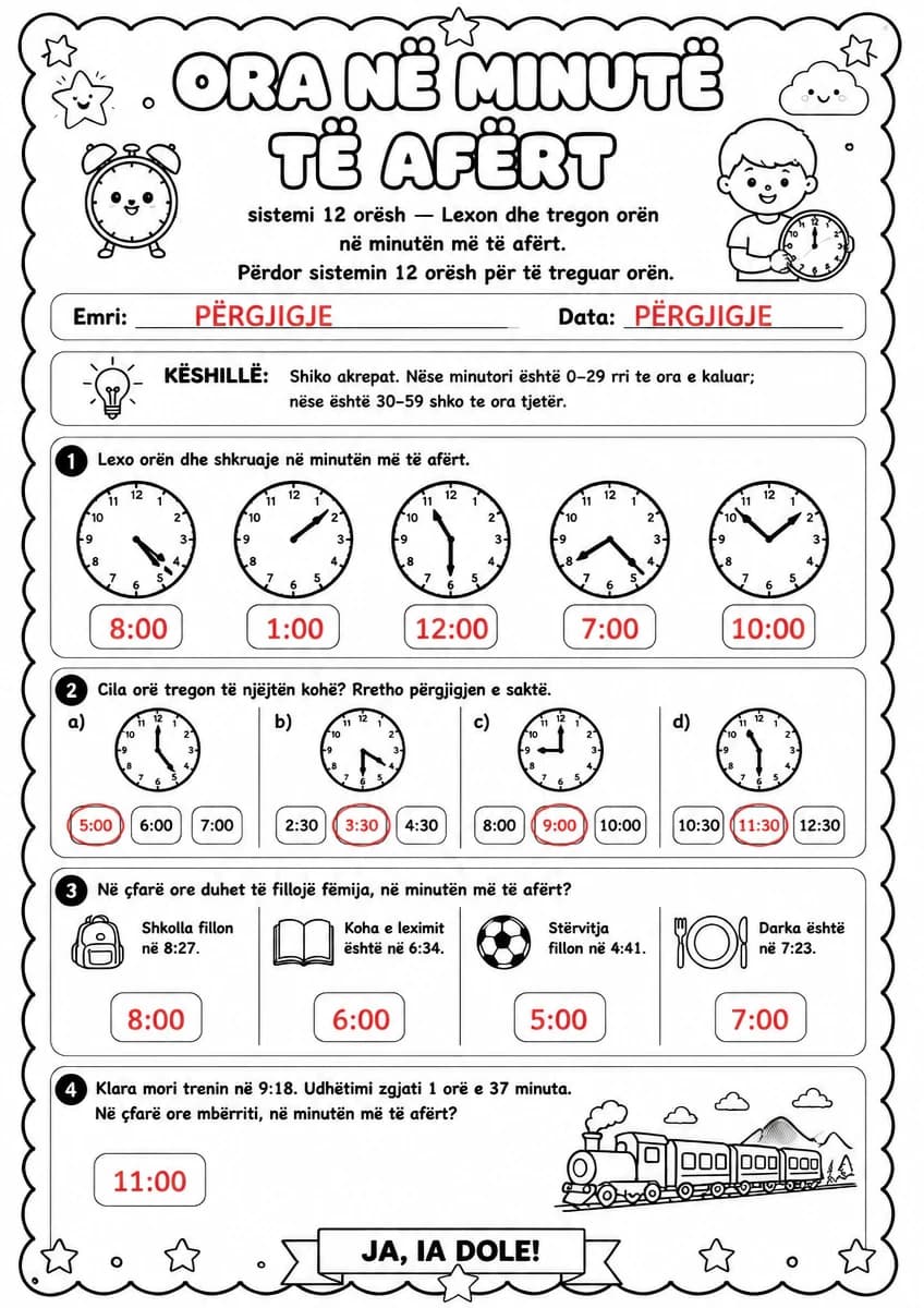 Answer key for Ora në minutë të afërt — sistemi 12 orësh — free printable Math worksheet