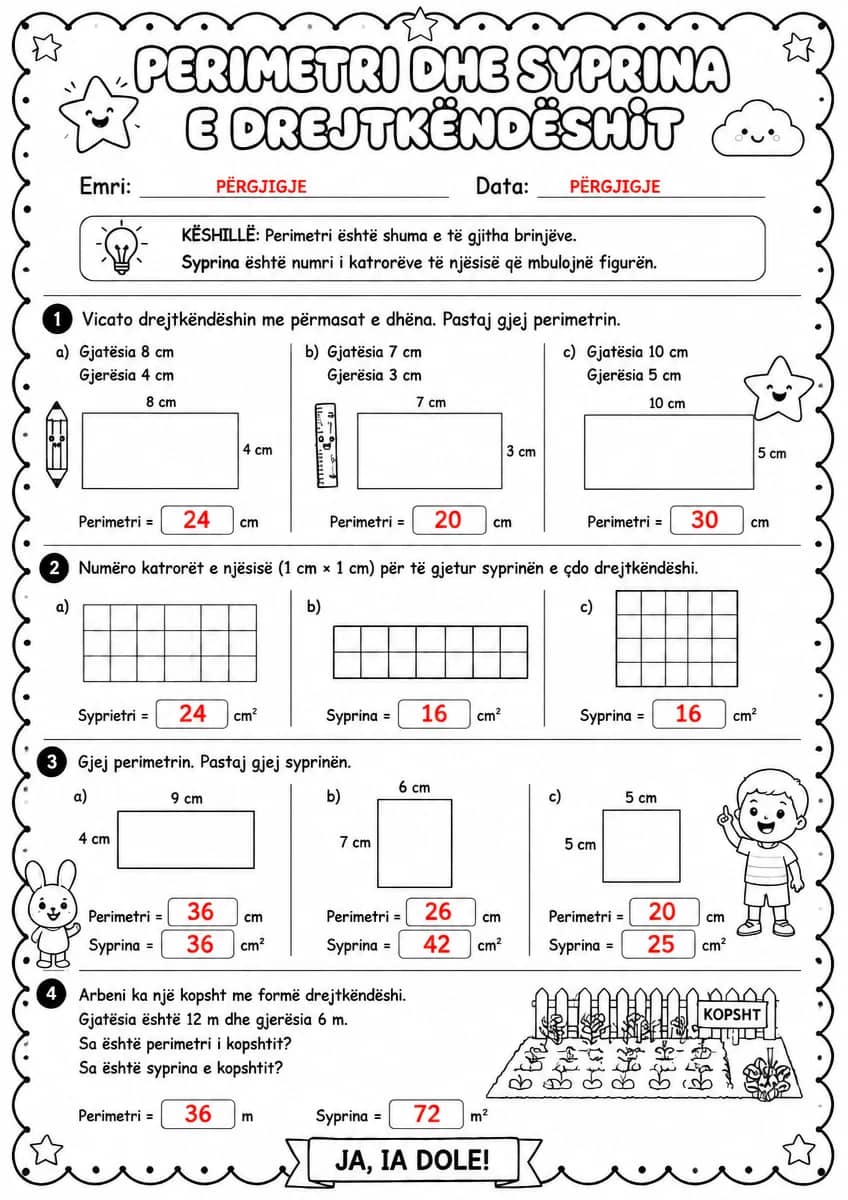 Answer key for Perimetri i drejtkëndëshit dhe syprina — free printable Math worksheet