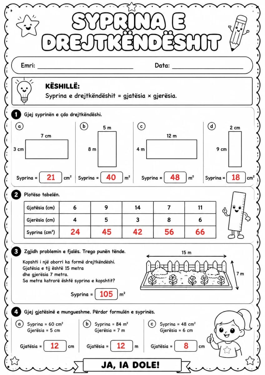 Answer key for Formula e syprinës së drejtkëndëshit — free printable Math worksheet