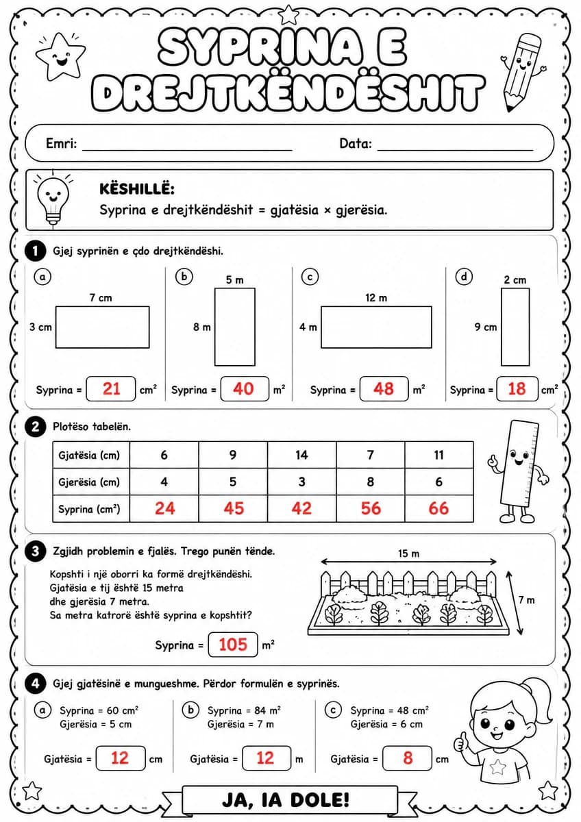 Answer key for Formula e syprinës së drejtkëndëshit — free printable Math worksheet