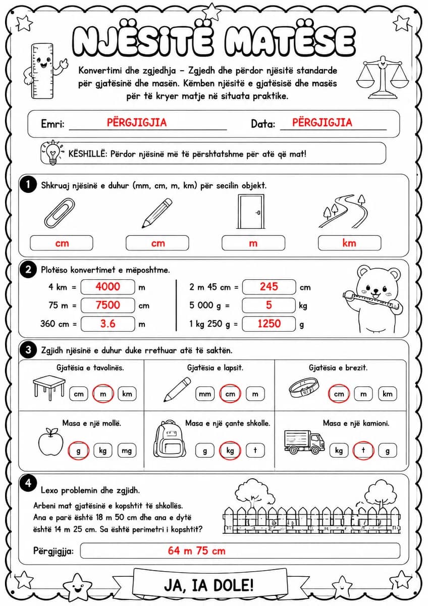 Answer key for Njësitë matëse — konvertimi dhe zgjedhja — free printable Math worksheet