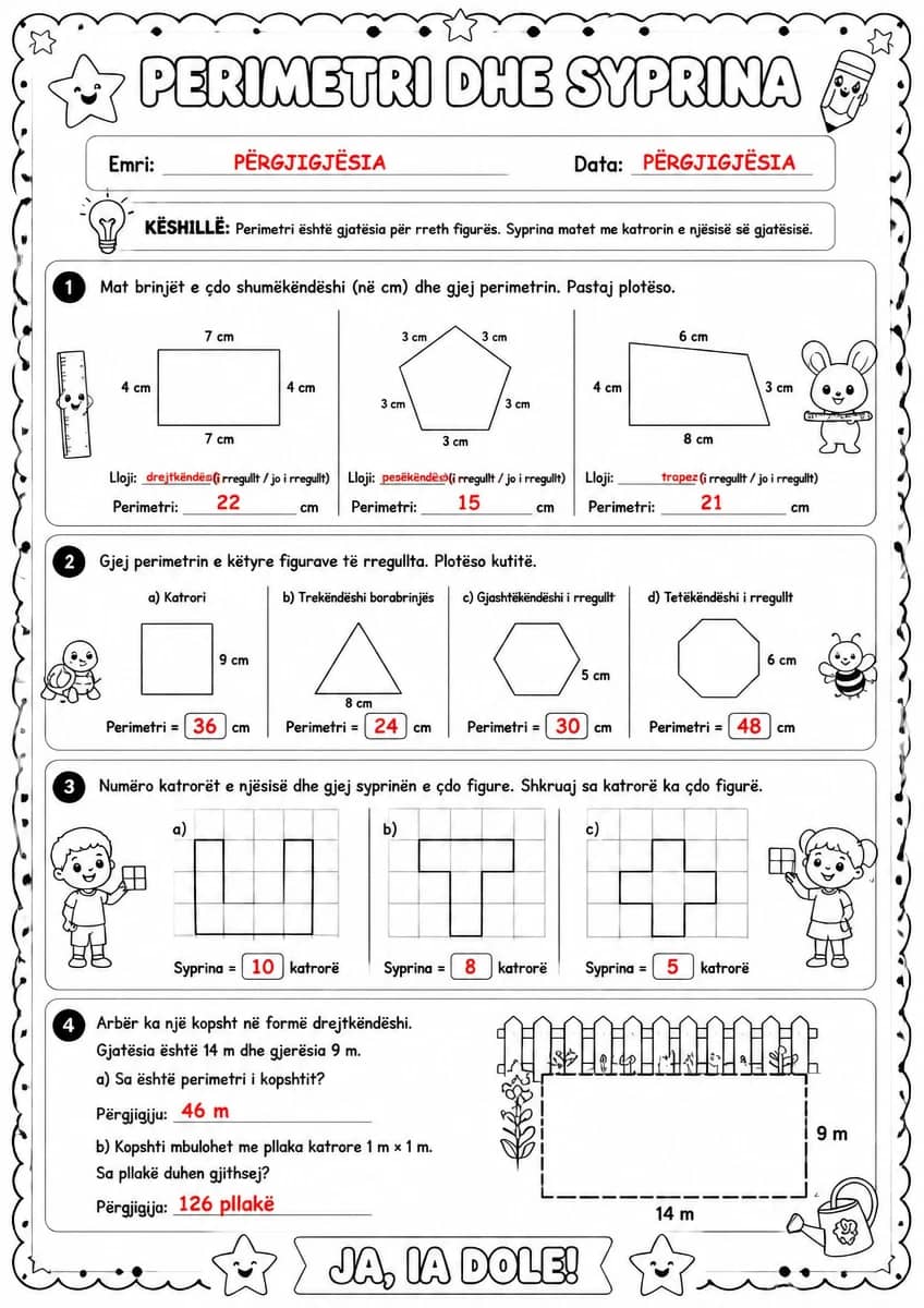 Answer key for Perimetri i shumëkëndëshave dhe syprina — free printable Math worksheet