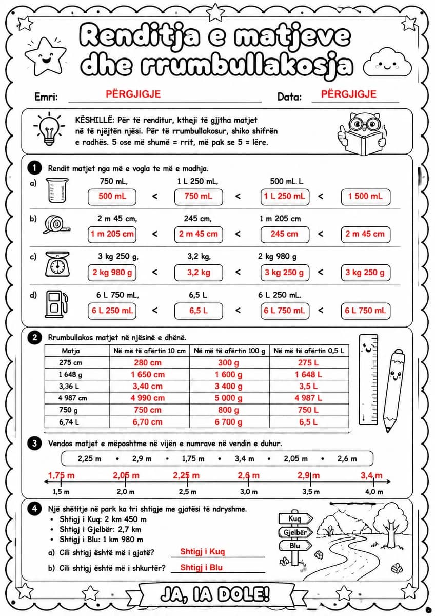 Answer key for Renditja e matjeve dhe rrumbullakosja — free printable Math worksheet